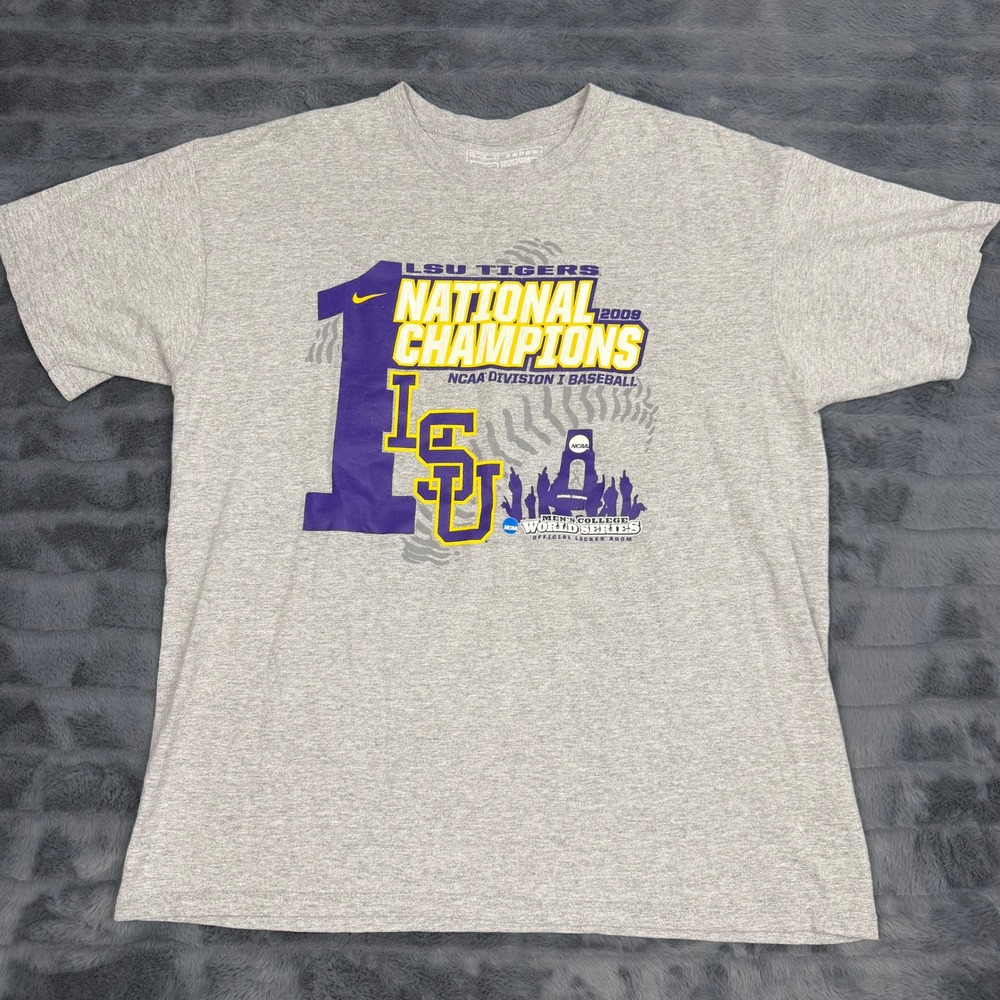 Nike LSU Tigers 2009 National Champions Baseball T-Shirt Gray Mens Medium 13362